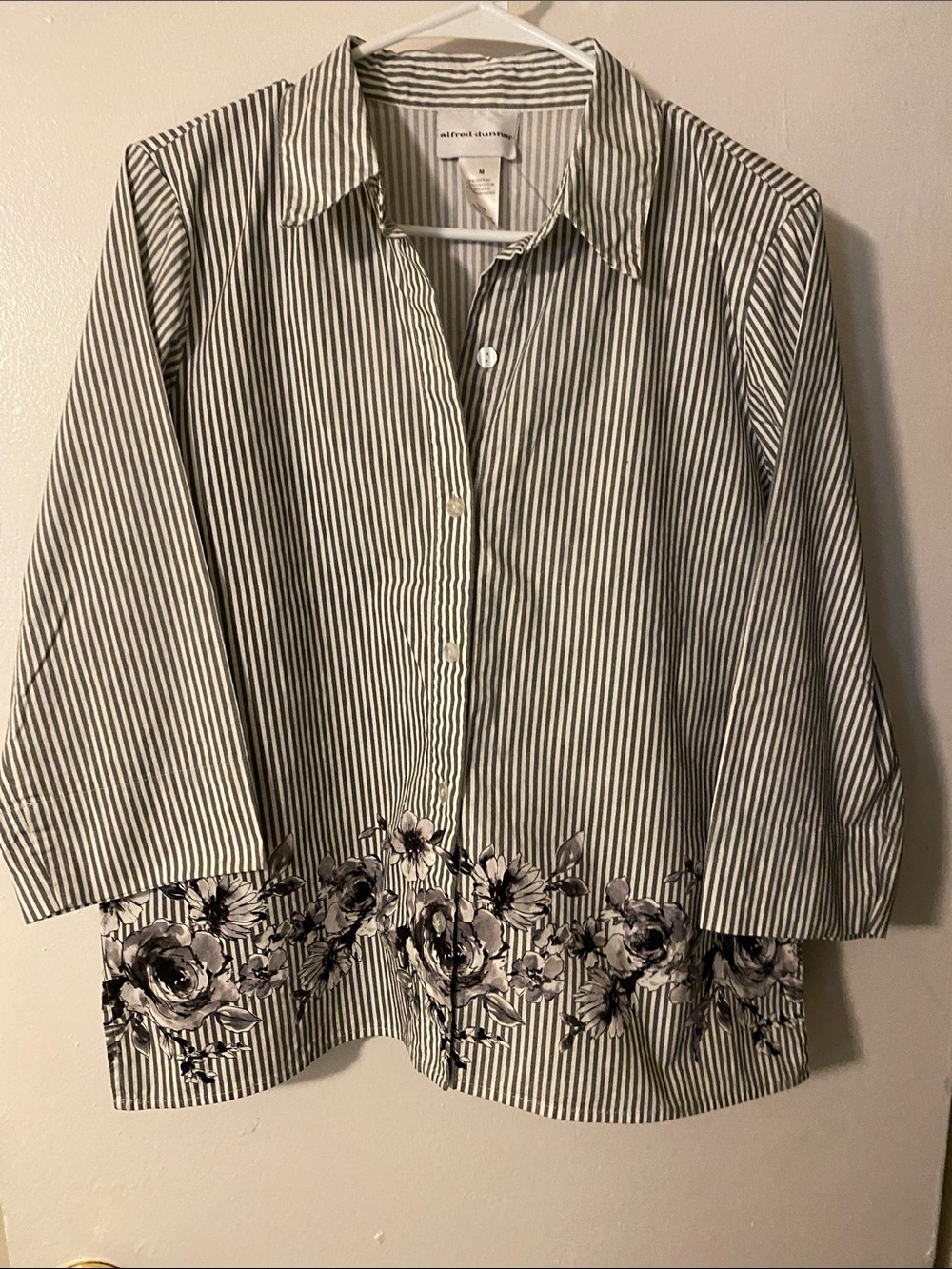 Alfred Dunner Black & White Striped Button-Up Shirt with Floral Border